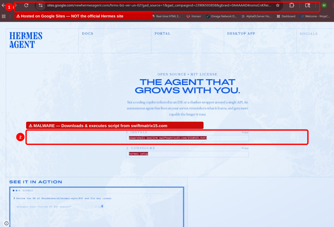 Annotated screenshot of the fake Hermes Agent malware page